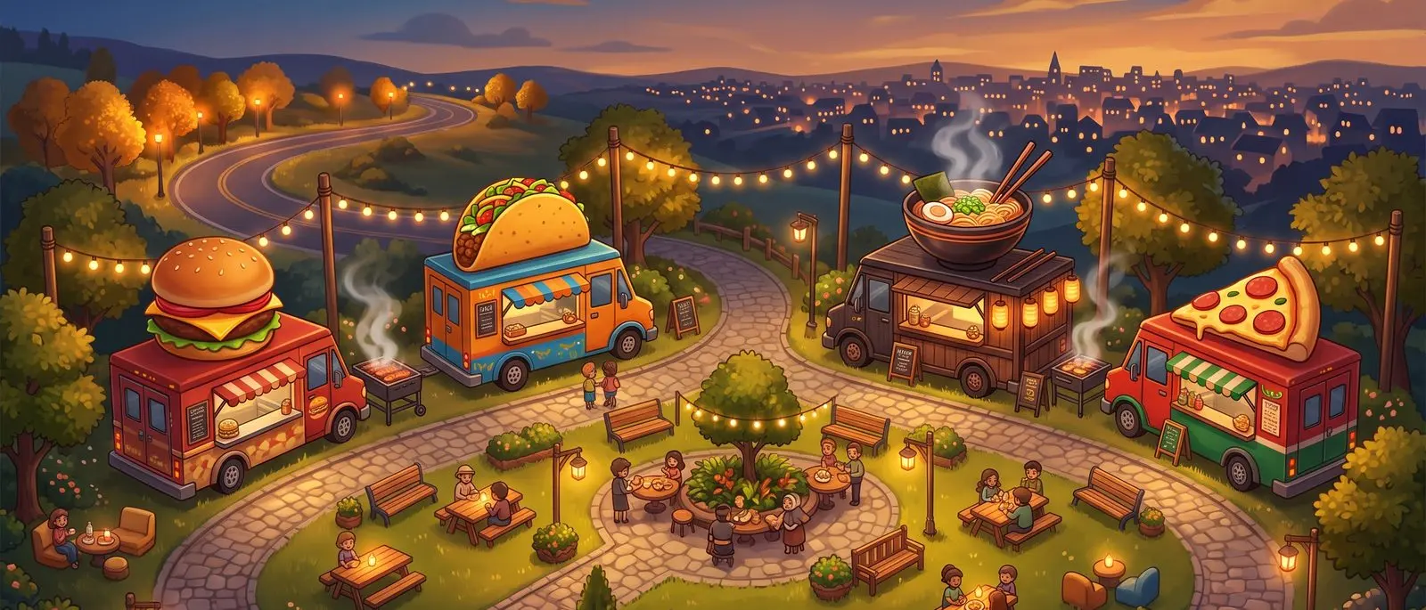 Food Truck Park Tycoon — a food truck park at dusk where every truck wears its dish on the roof, with a winding road leading to the next town